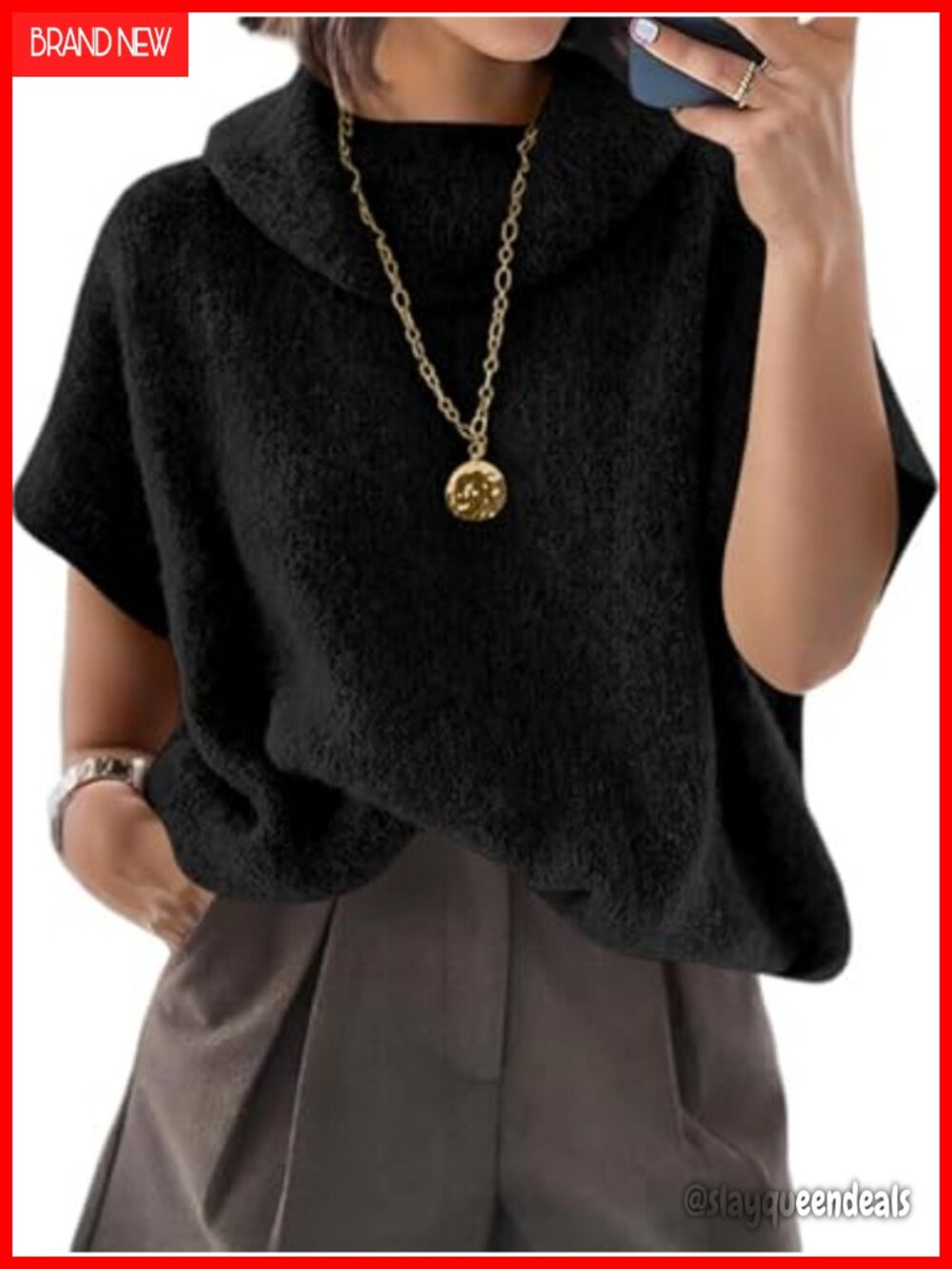 Oversized Turtleneck Sweater Short Batwing Sleeve Loose Knit Pullover